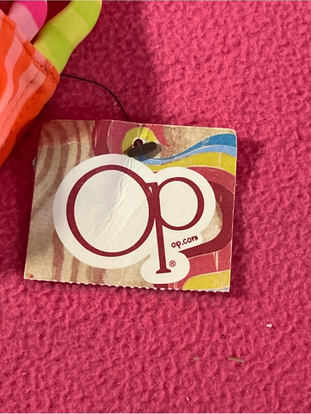 OP Bright Coral Pink and Yellow Striped Kids Swim Trunks